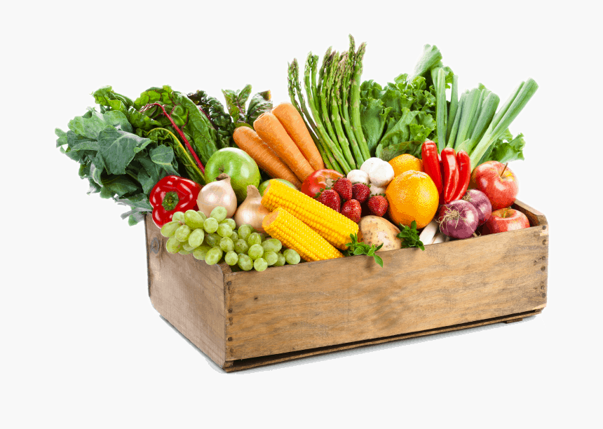 assorted produce in a wooden box including fruits and vegetables