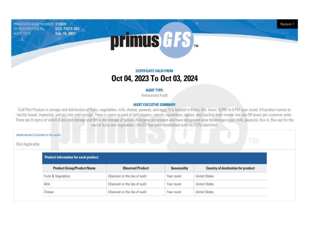 image of a Primus GFS certificate awarded to Gulf Coast Produce Distributors Inc.