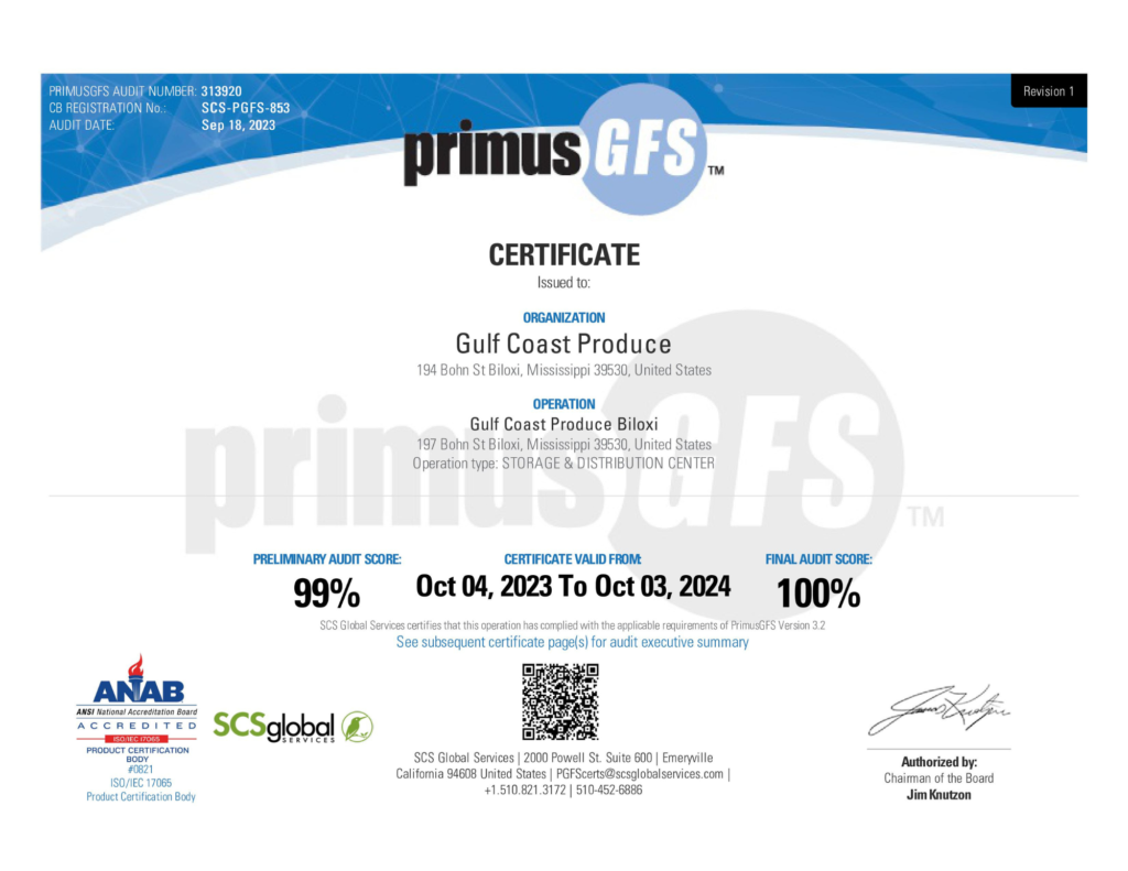 image of a Primus GFS certificate awarded to Gulf Coast Produce Distributors Inc. in 2024